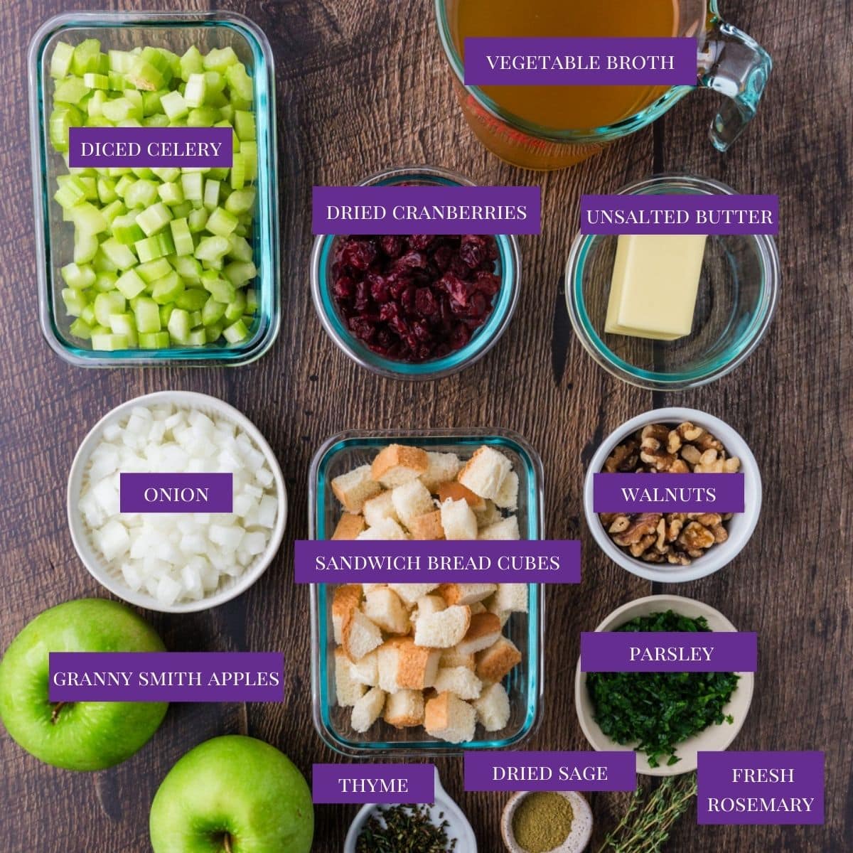 ingredients for cranberry apple walnut stuffing