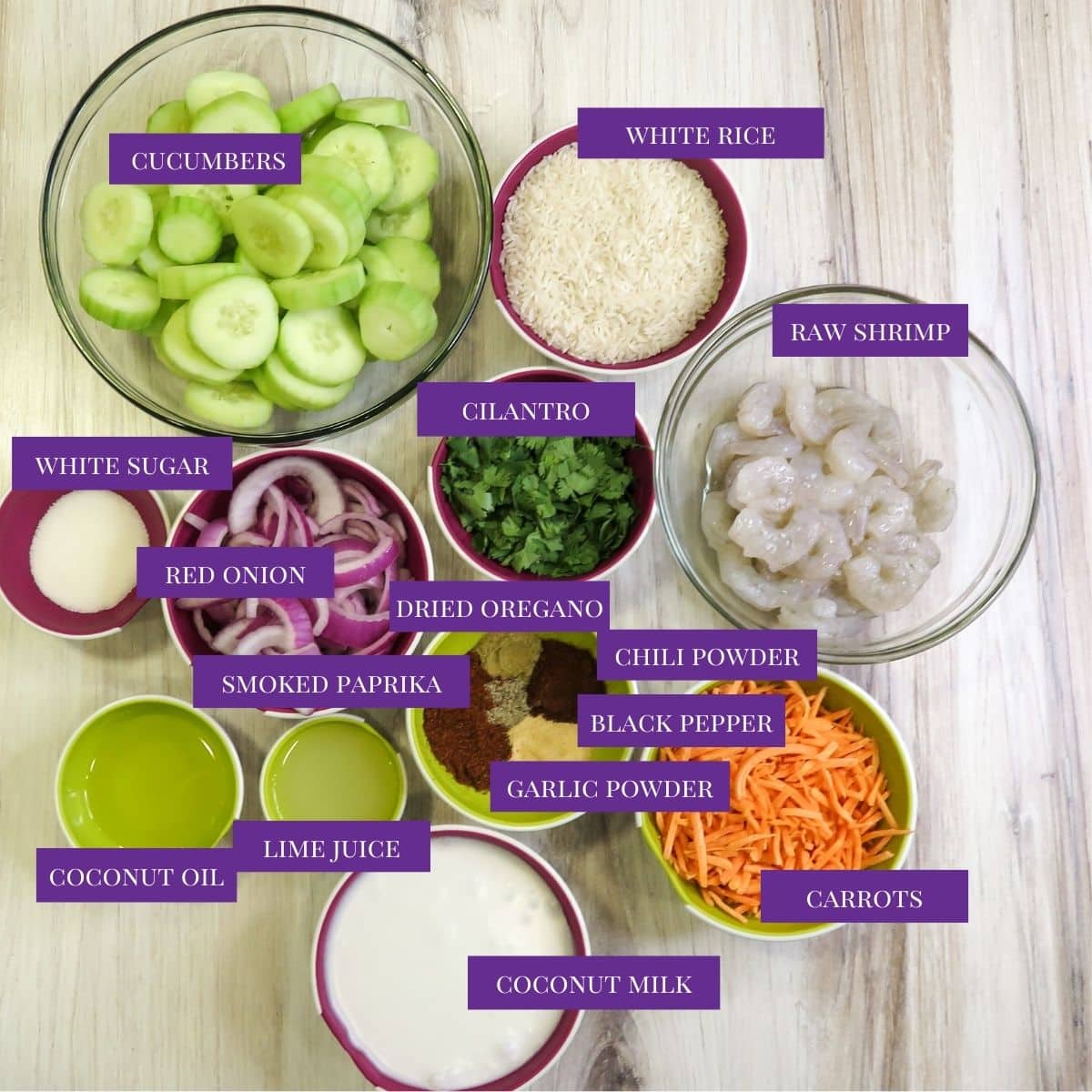 Ingredients for healthy shrimp bowl