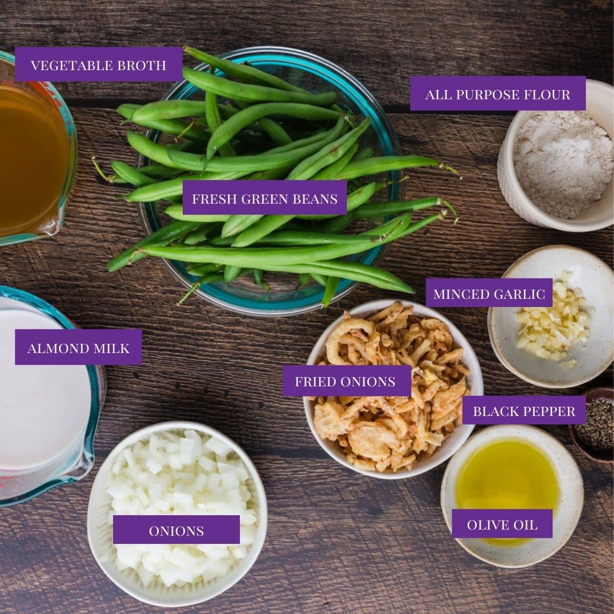 Close Up Of Dairy free green bean casserole ingredients