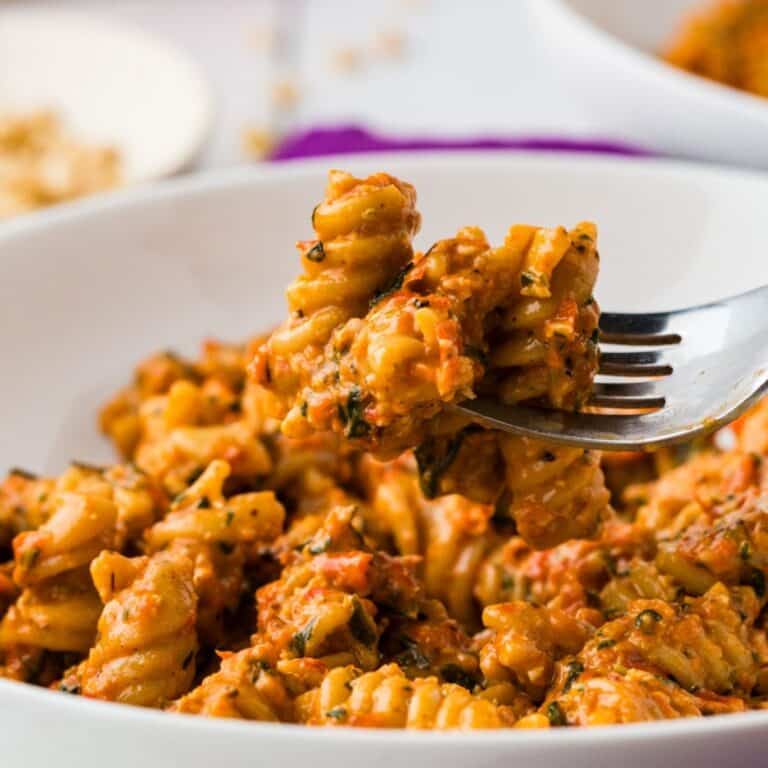 Close Up Of Roasted Red Pepper Pesto Pasta