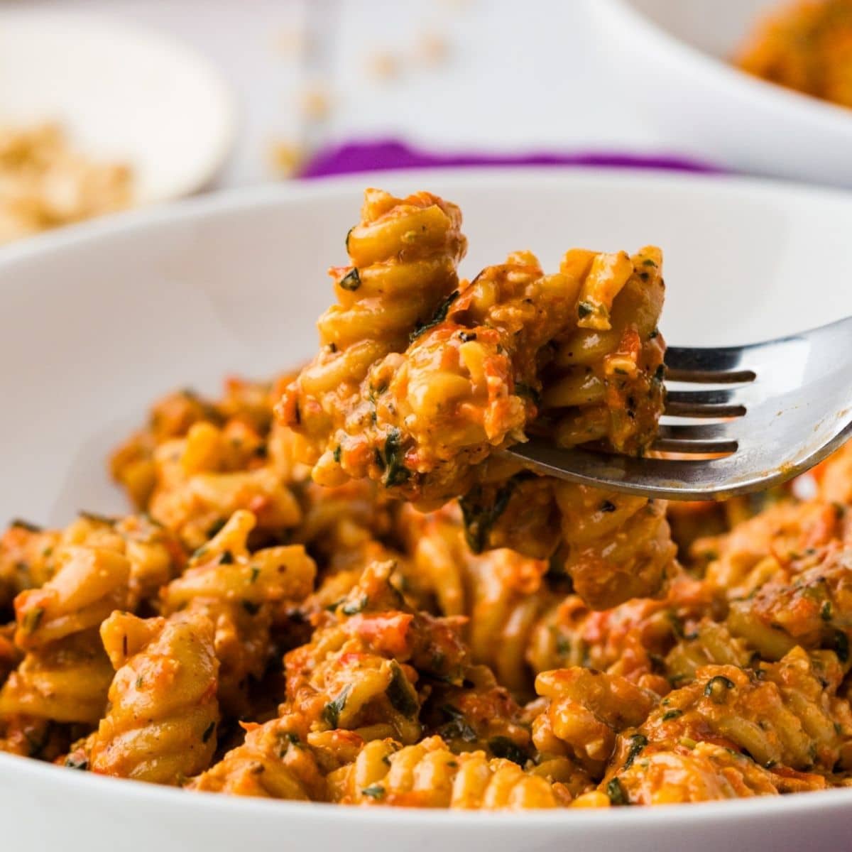 Close Up Of Roasted Red Pepper Pesto Pasta