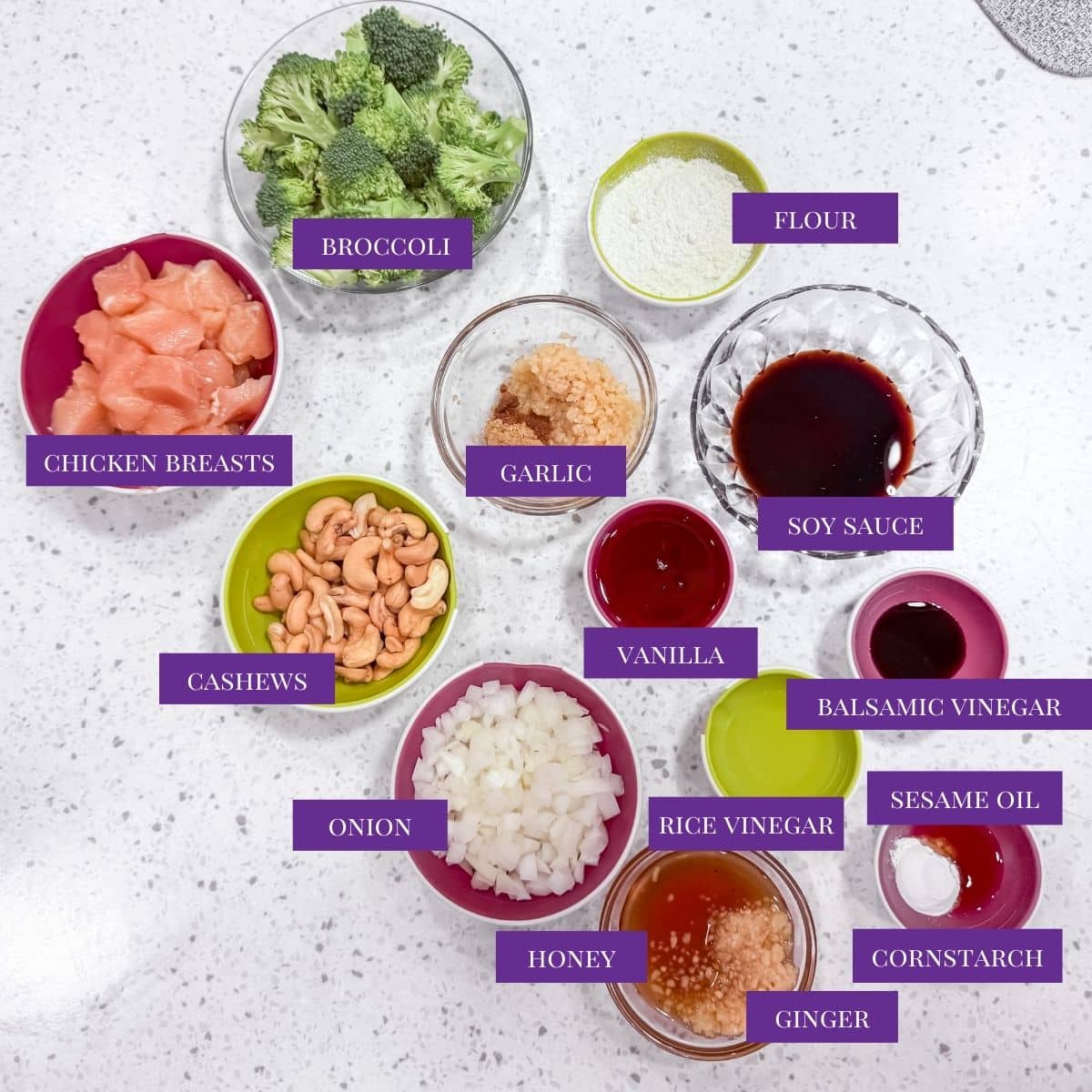 Close Up of Cashew Chicken And Broccoli ingredients