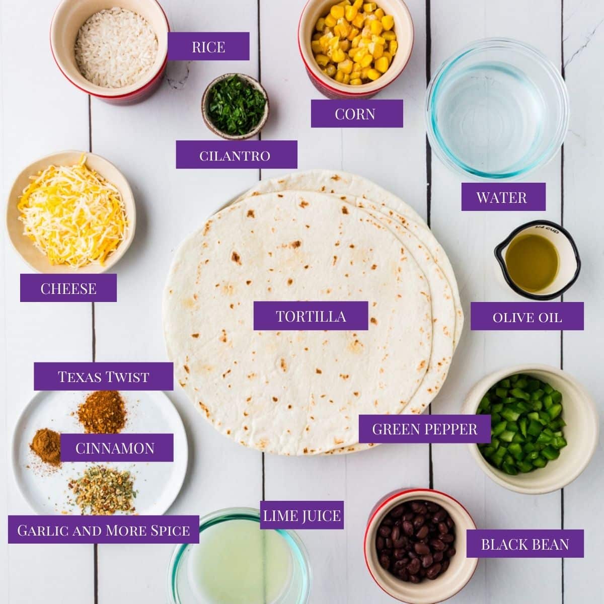 Close Up of Rice, Corn and Black Bean Burritos ingredients