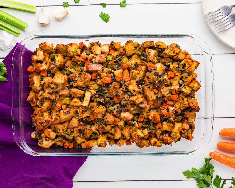 Vegetable Stuffing in long pan with lots of bread and vegetables