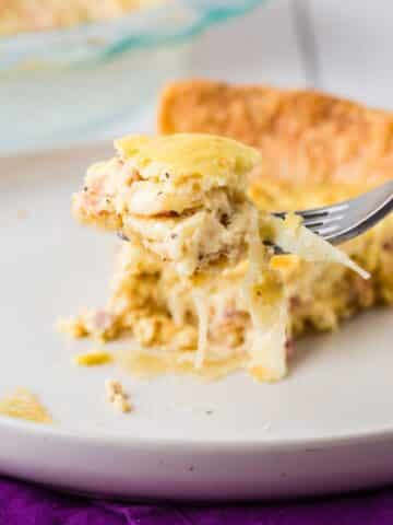 Close Up Of Caramelized Onion Bacon Swiss Quiche