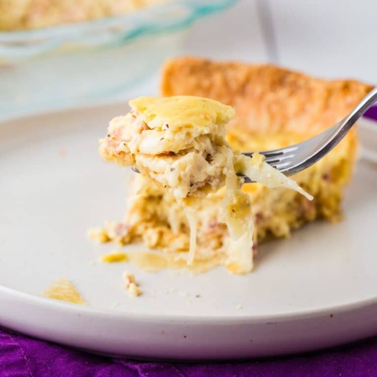 Close Up Of Caramelized Onion Bacon Swiss Quiche