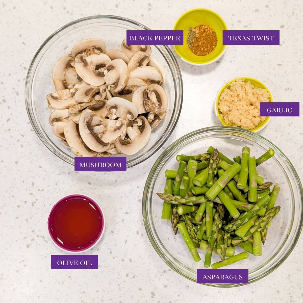 Close up of Roasted Asparagus and Mushrooms Ingredients