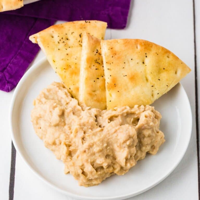 Plate of White Bean Dip Recipe with Seasoned Pita Chips