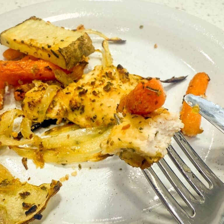 Close Up Of Baked Chicken and Root Vegetables