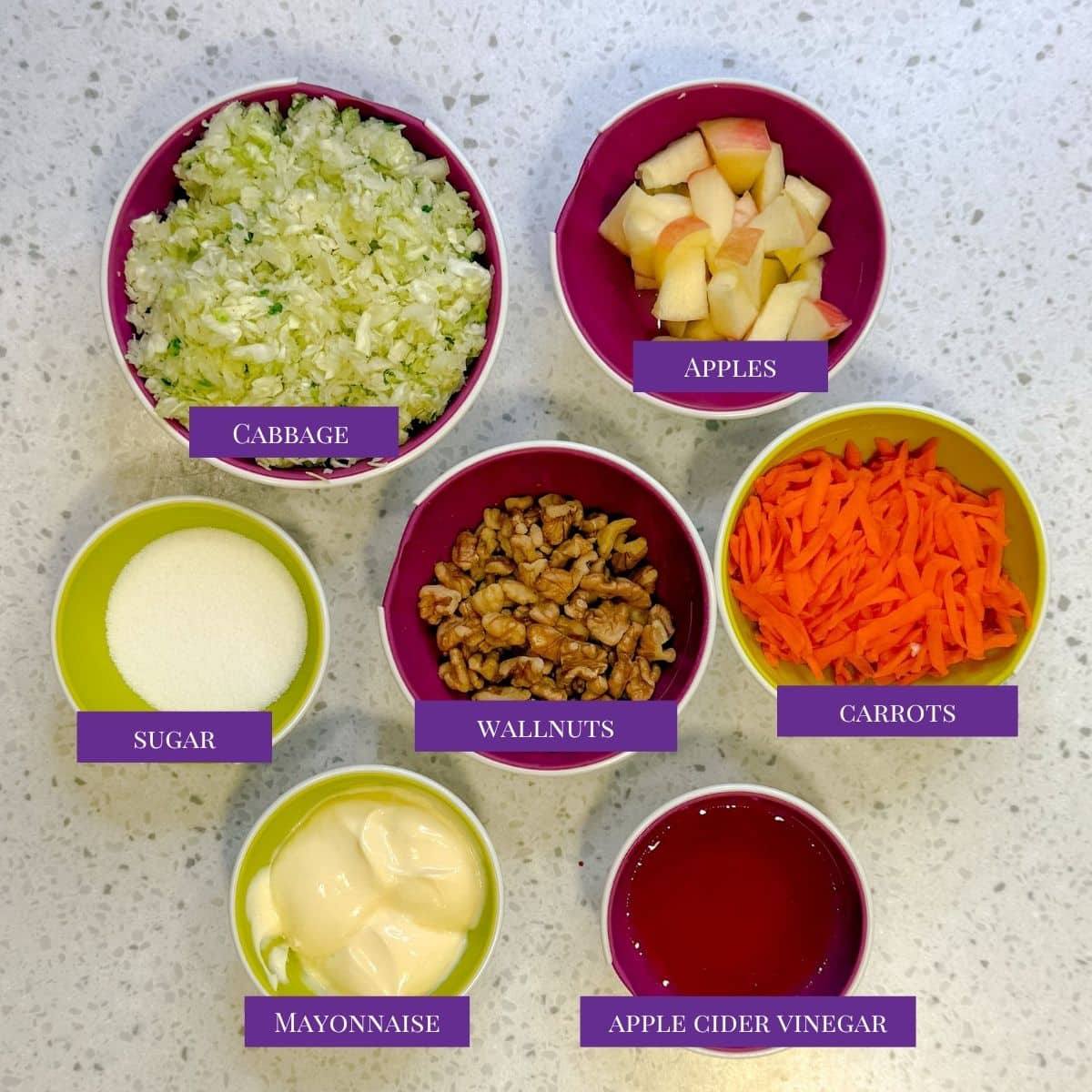 Close up of Apple Walnut Coleslaw Ingredients