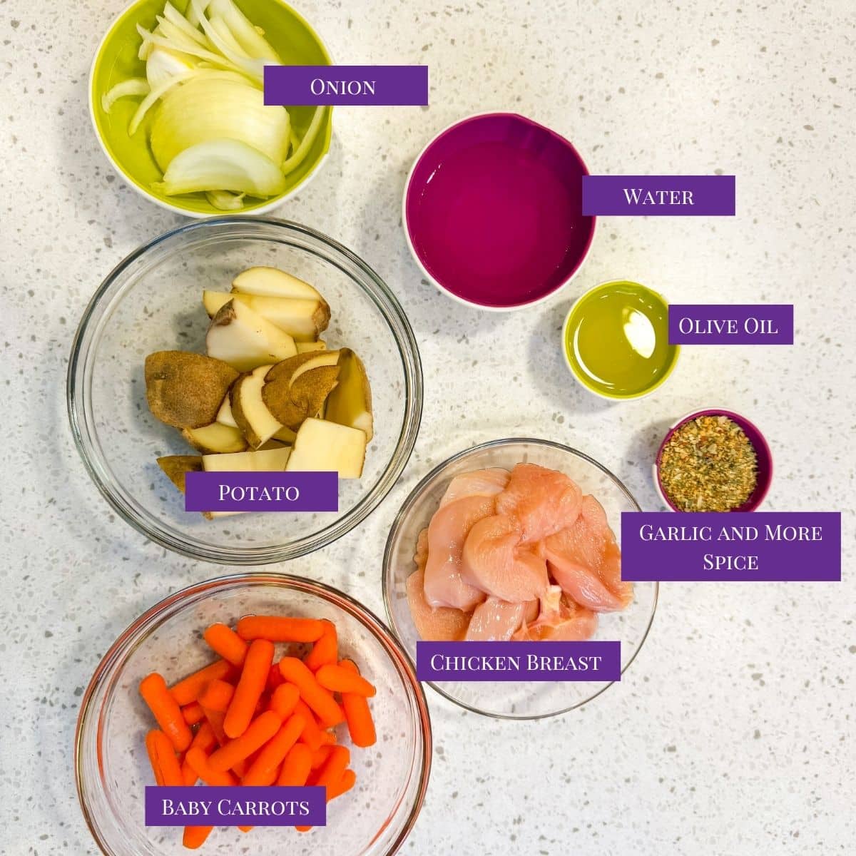 Close up of Baked Chicken and Root Vegetables Ingredients